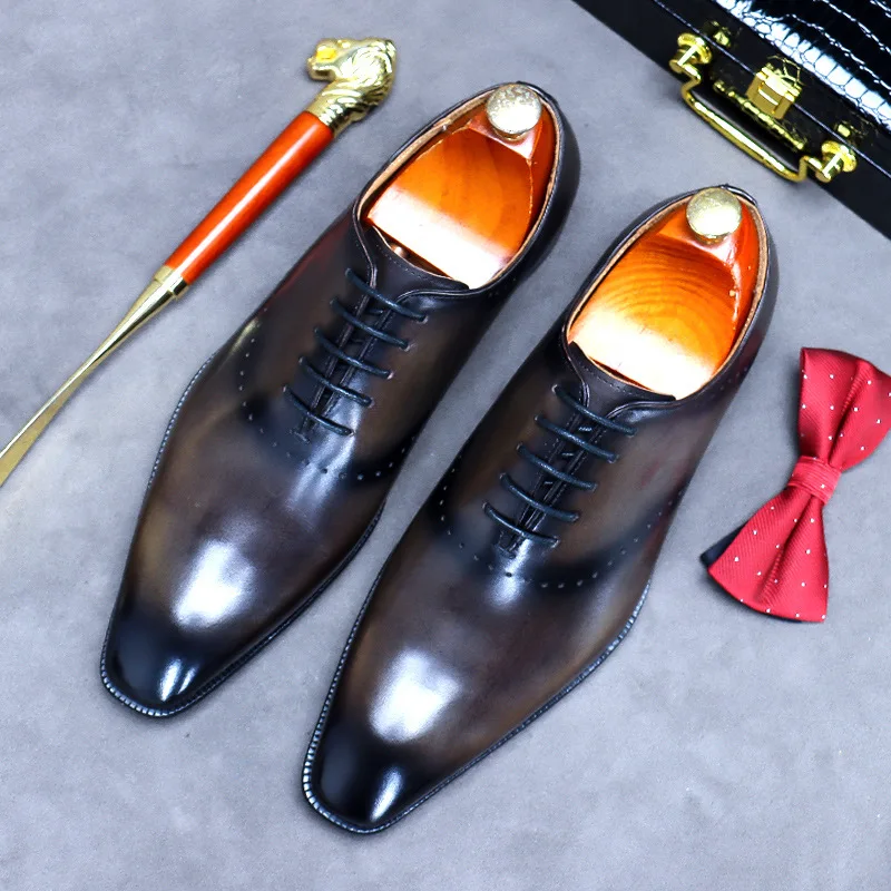 Business Formal Wear Pointed Toe Shoes Men's Leather Oxfords Male Cowhide Lining British Carved Mens Handmade Bullock Shoes