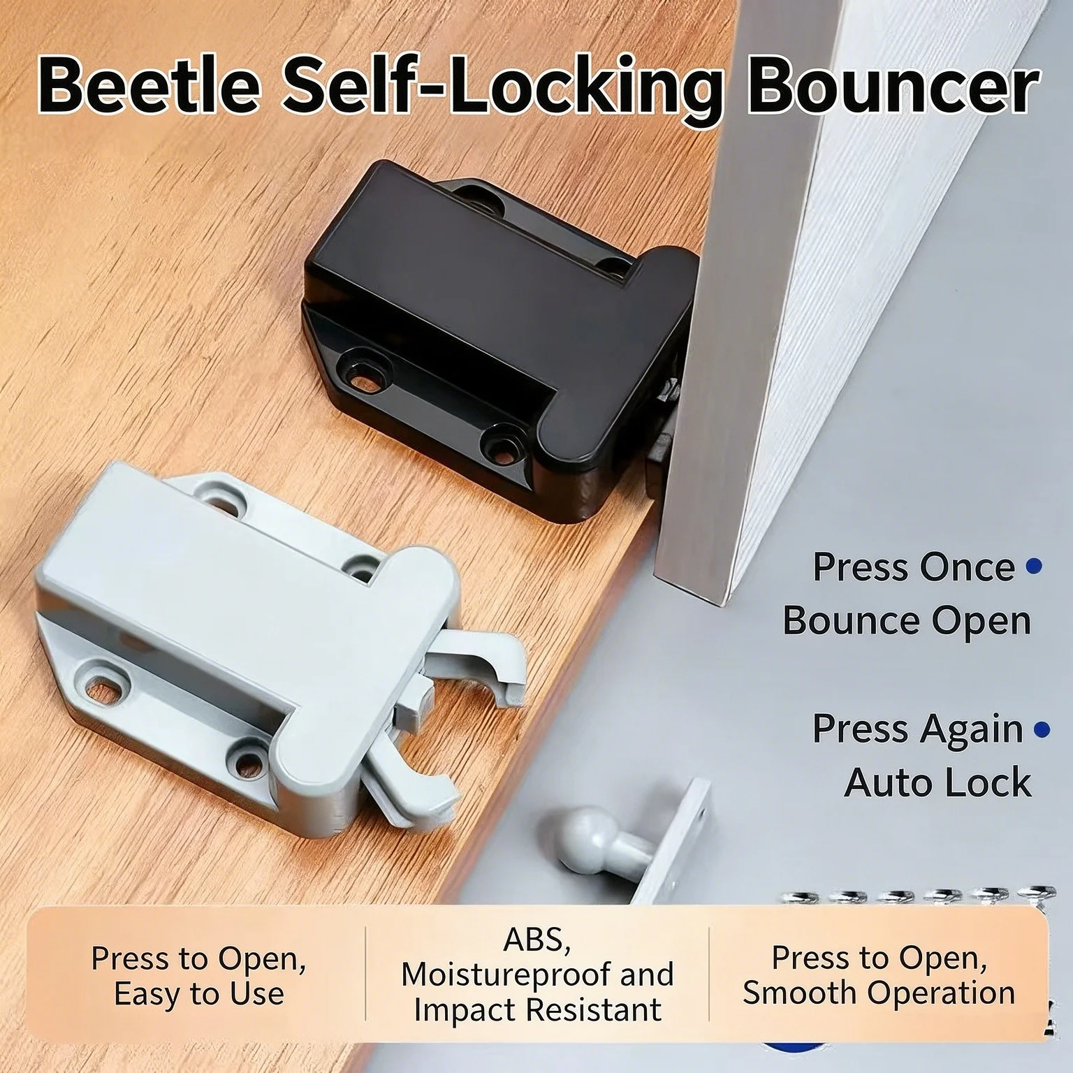 Beetle Self-Locking Cabinet Rebound Latch, Plastic Spring Touch Catch Push Open Cabinet Door Stopper Hardware