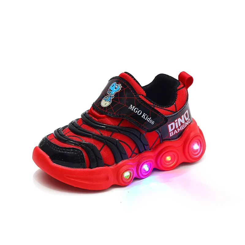 ديزني LED أحذية رياضية كاجوال أحمر أسود لربيع الأولاد سبايدرمان شبكة في الهواء الطلق أحذية الأطفال مضاءة عدم الانزلاق حجم 21-30