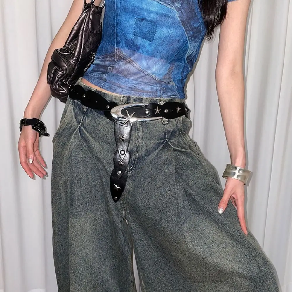 Y2K sabuk pinggang Punk serbaguna, ikat pinggang kulit lebar desain trendi mewah