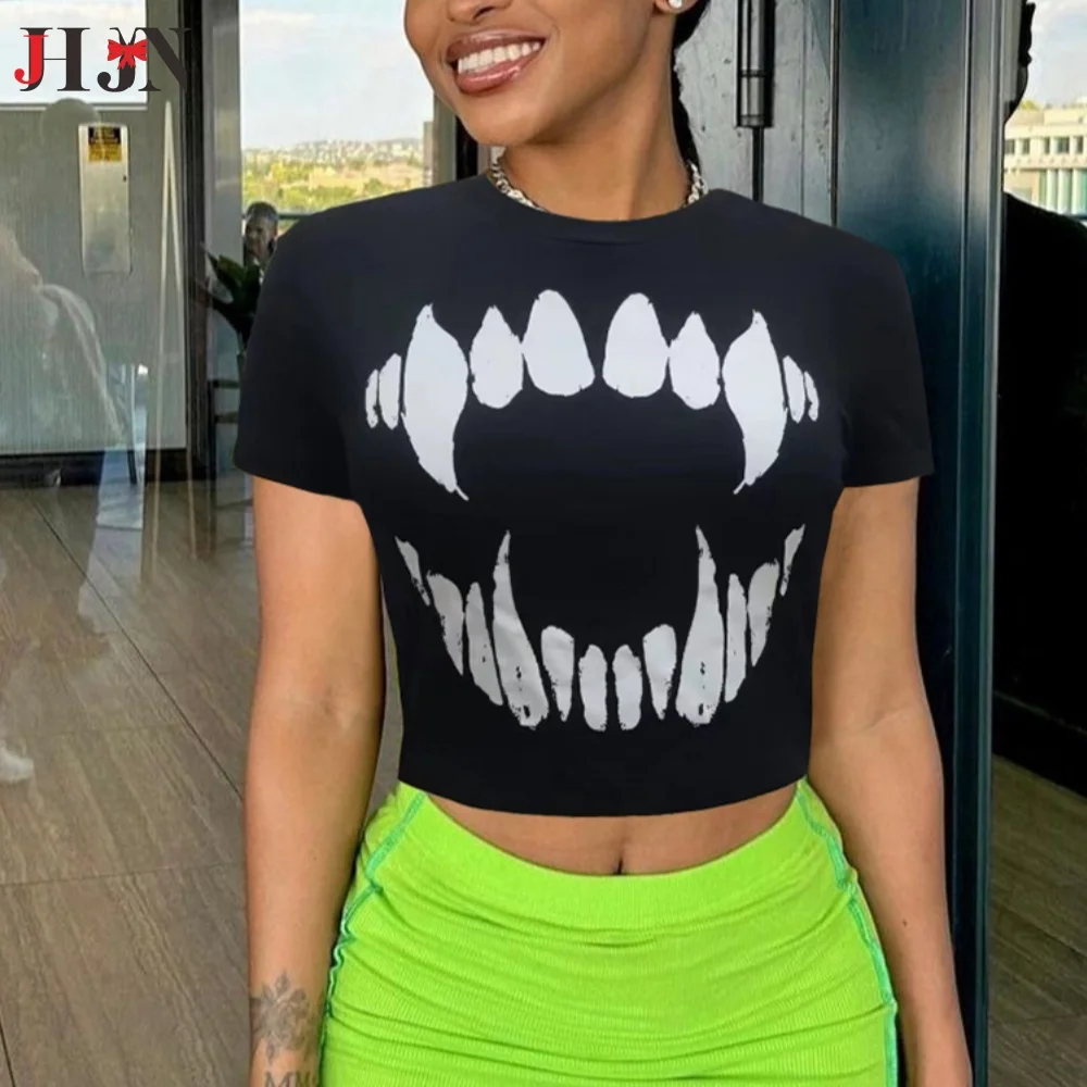 

JHJN 2025 летние женские топы с короткими рукавами на шнуровке и круглым вырезом без рукавов с короткими рукавами и выдолбленным вырезом, уличные индивидуальные топы с принтами