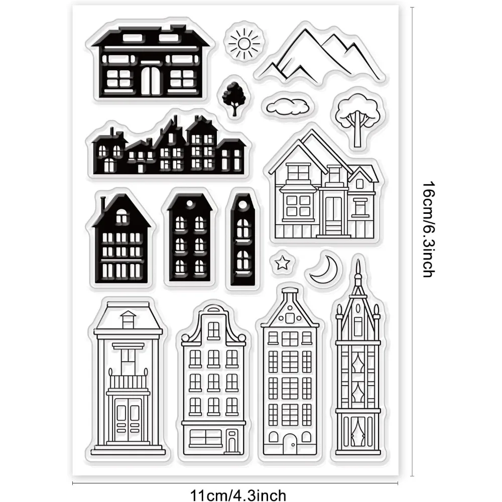 Decorative Clear Stamps City Building Plastic Stamps House Sun Moon Silicone Stamp Film Frame Transparent Seal Stamps for Gift