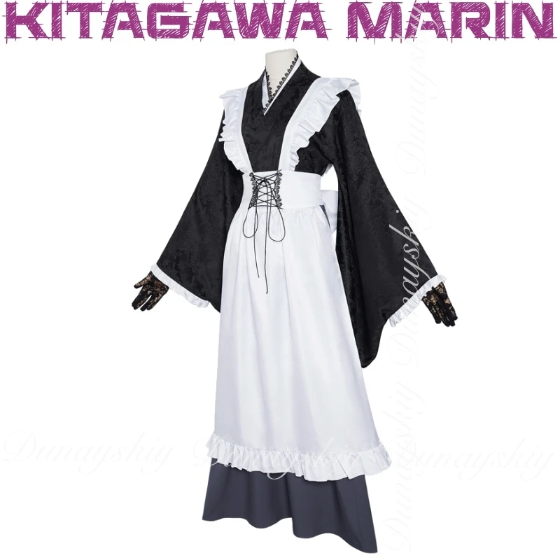 فستاني المحبوب أنيمي كيتاجاوا مارين كوسبلاي مع زي الخادمة باللون الأسود والأبيض مع زي تنكري للشعر المستعار الأسود مليء بالمجموعة