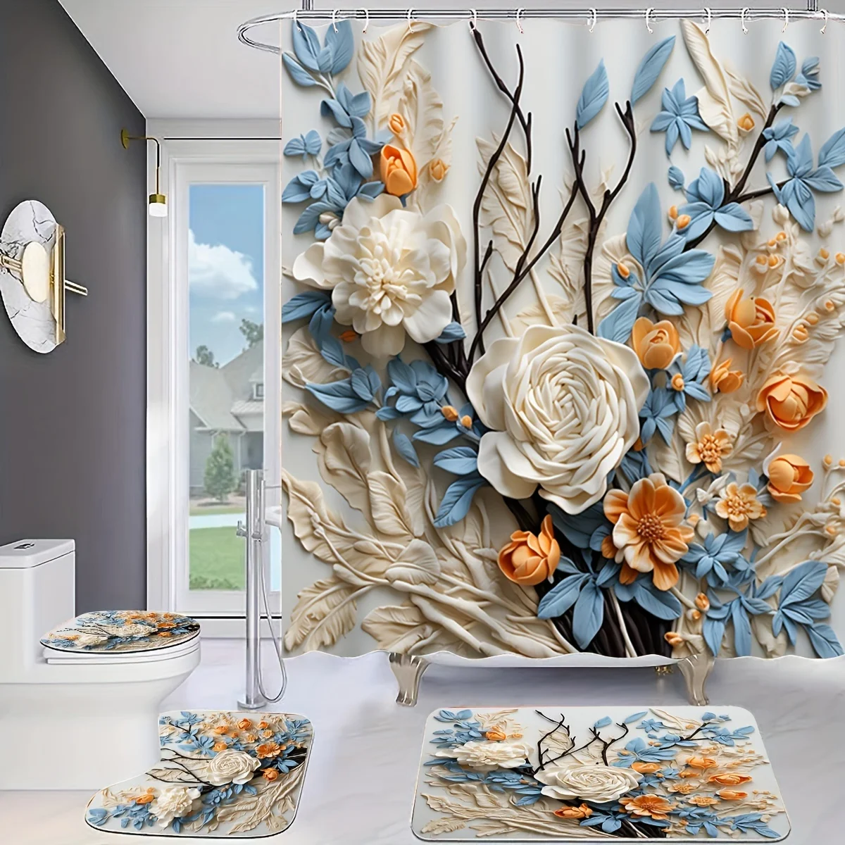 Floral Harmony Bathroom Four-Piece Set - Elegant Waterproof Shower Curtain for a Complete Bathroom Set