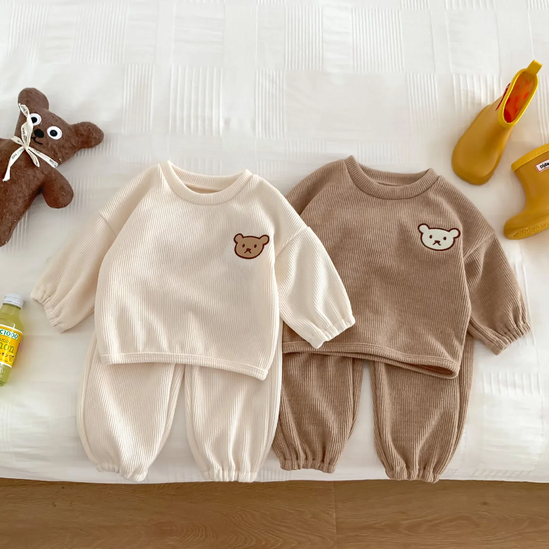 0-3T Newborn Kid Baby Boy Girl Clothes Set Bear Print Pullover Top Sweatshirt Pant Suit Cotton Two Piece Set 2pcs Outfit