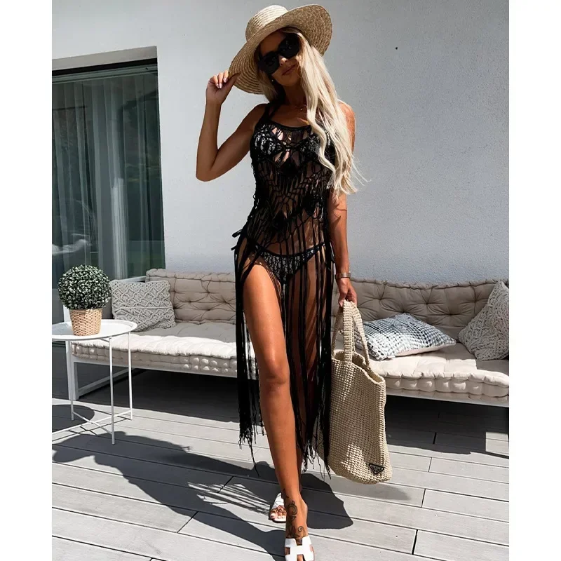 

2024 Crochet Tunic Bikini Cover-ups Sexy Hollow Out Dress Women Summer Clothes Beach Wear Swim Suit See Through Tassel Cover Up