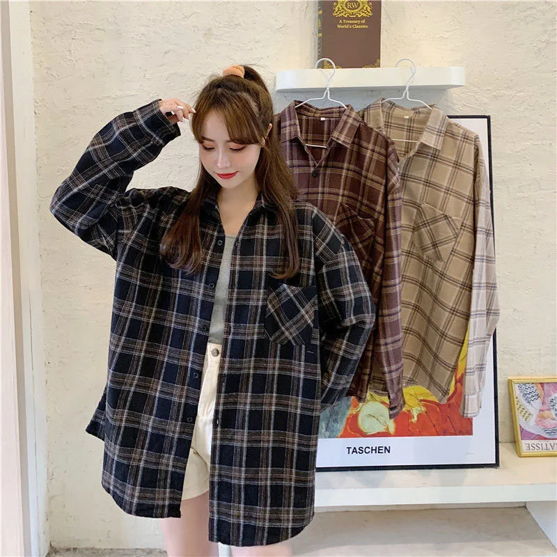 

Vintage Oversized Plaid Shirt Women Korean Harajuku Streetwear Long Sleeve Blouses Pocket Loose Casual All Match Tops New