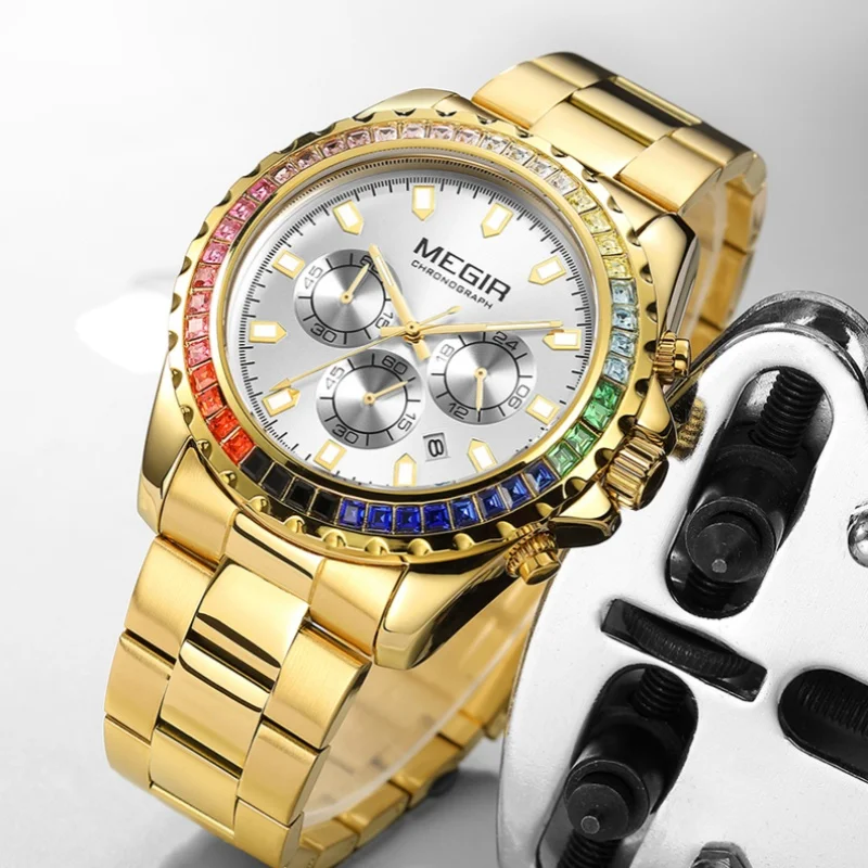 MEGIR 2227 New Men\'s Diamond Inlaid Fashion Rainbow Dial Quartz Watches Waterproof Luminous Calendar Multifunctional Watch reloj