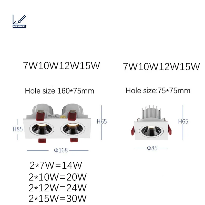 Recessed LED Ceiling Lamp Angle Adjustable 7W 24W Single/Double Head LED Spot lights  Anti-Glare Downlight For Home Office Store