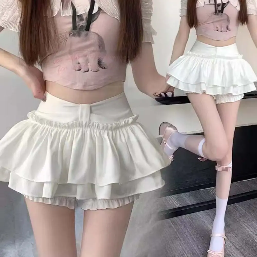 

Fashion Double Layered Mini Cake Skirts A-line Irregular Belt High Waisted Pleated Skirt Ruffle Lolita Shorts Mini Skirt Lady