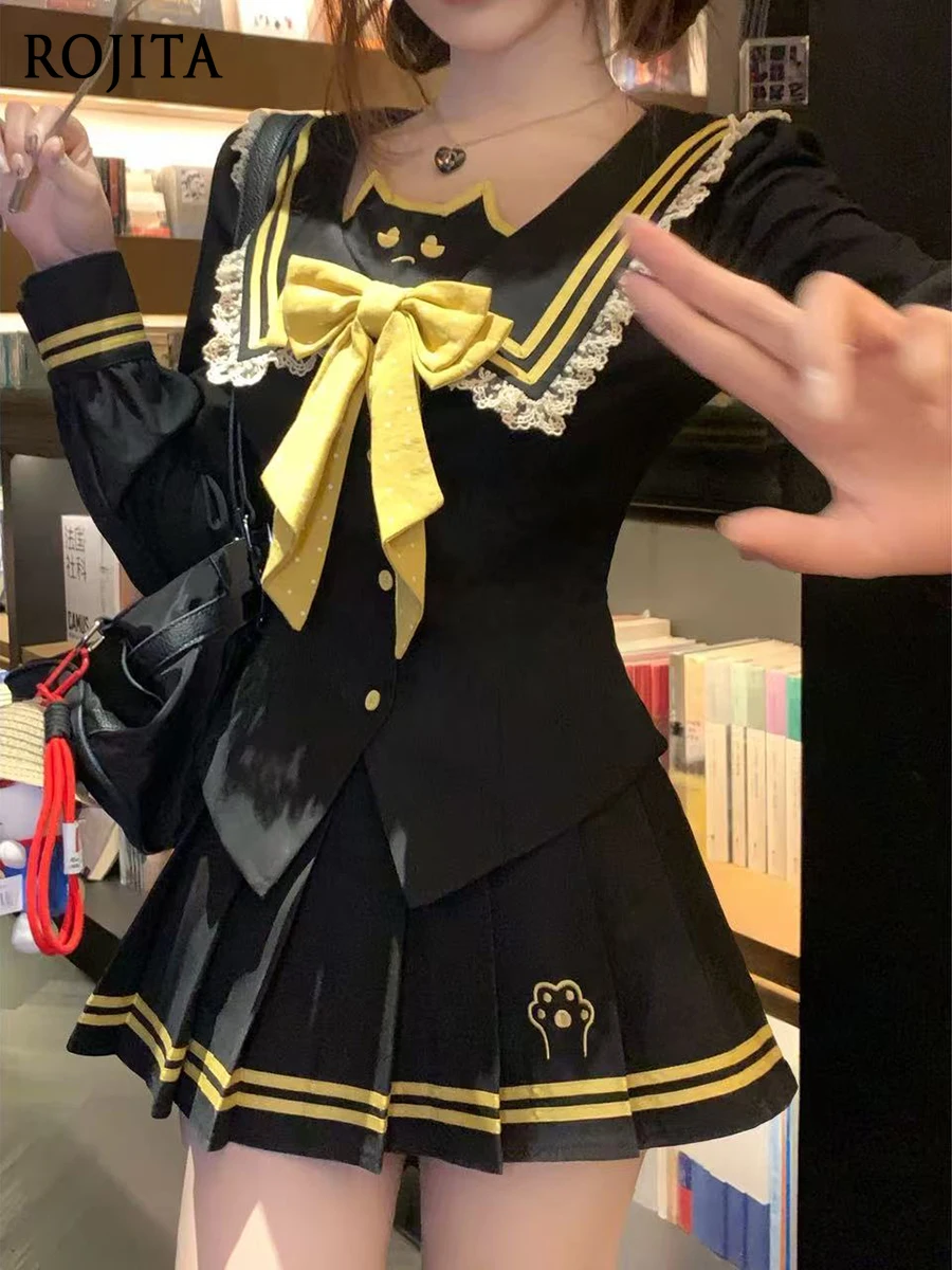 

Осенний студенческий стиль, темно-синий топ с воротником и длинными рукавами, милый короткий черный топ с бантом, осеннее новое черное короткое пальто