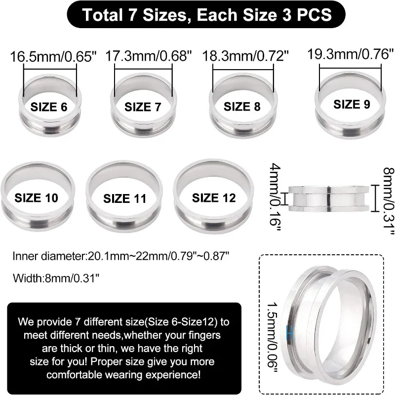 21pcs 7 Size Blank Ring Stainless Steel Finger Ring Grooved Core Inlay Ring for Resin Round Empty Ring Blanks for Jewelry Making