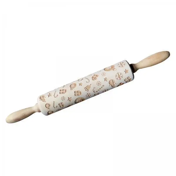 Wooden Rolling Pin Embossed Patterned for Dough Christmas Cookie Stamps Roller Nonstick Kitchen Baking Accessories for Holiday