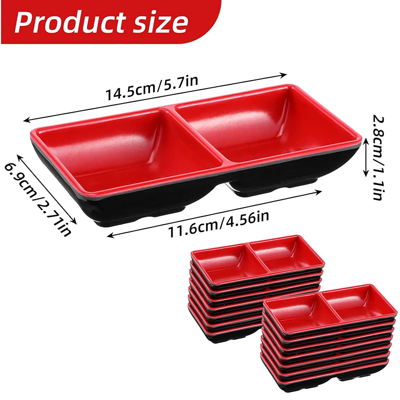 8Pcs Dual Compartment Sauce Bowls & Soy Dish Set with Dipping Dish Tray, Divided Dipping Sauce-Plates for Sushi, Appetizers