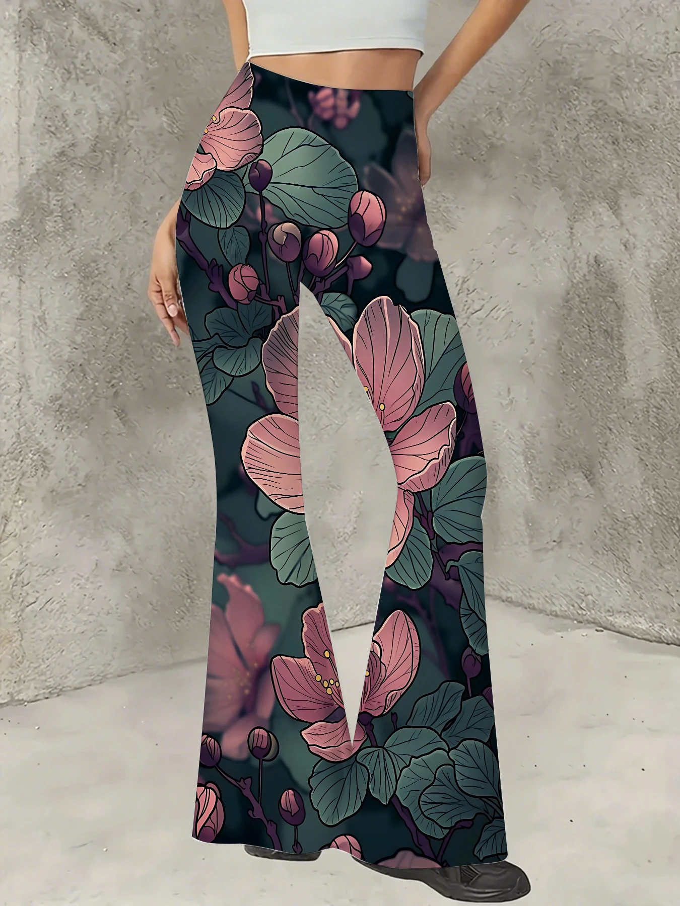 

Retro Printed Flare Pants Women High Waist Polyester Knit Bell Bottom Trousers