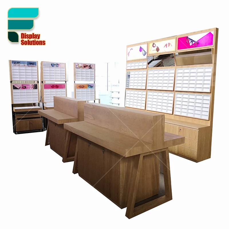 Customized-Inner Septal Eyewear Display Stand Wall Mounted Sunglasses Display Rack Whole Wood Veneer Center Cabinets Display