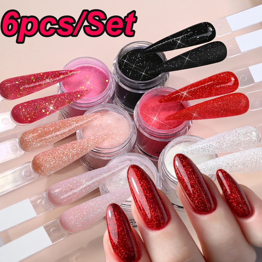 

6colors(10ml/Jar) Glitters Sequins Mixed Nail Acrylic Powders Set Red/Black/Pink Crystal Powders For Extension/Dipping/Engraving