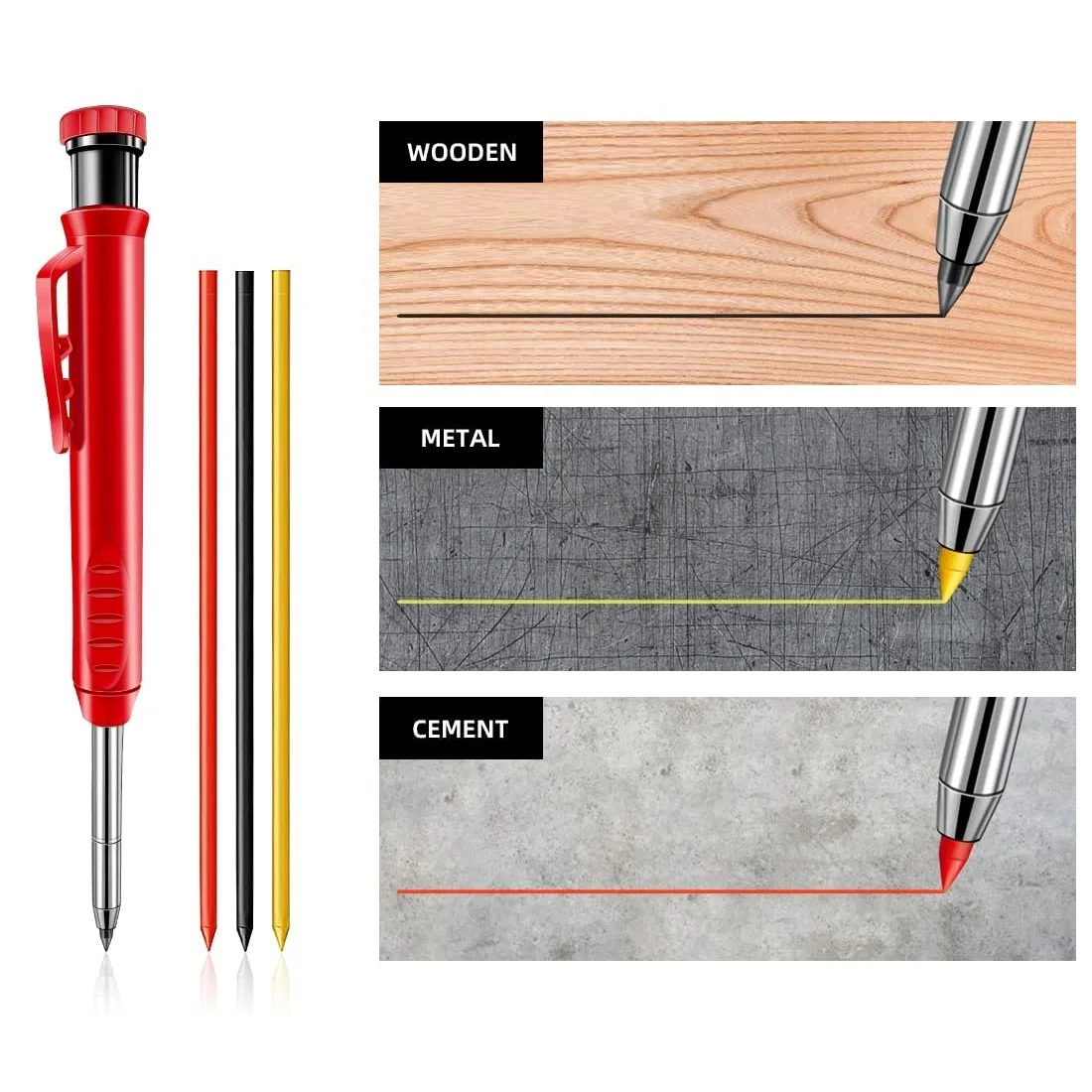 Solid Carpenter Pencil Set For Deep Hole Marker With Refill Leads Marking Wood Tool Woodworking Deep Hole Mechanical Pencils