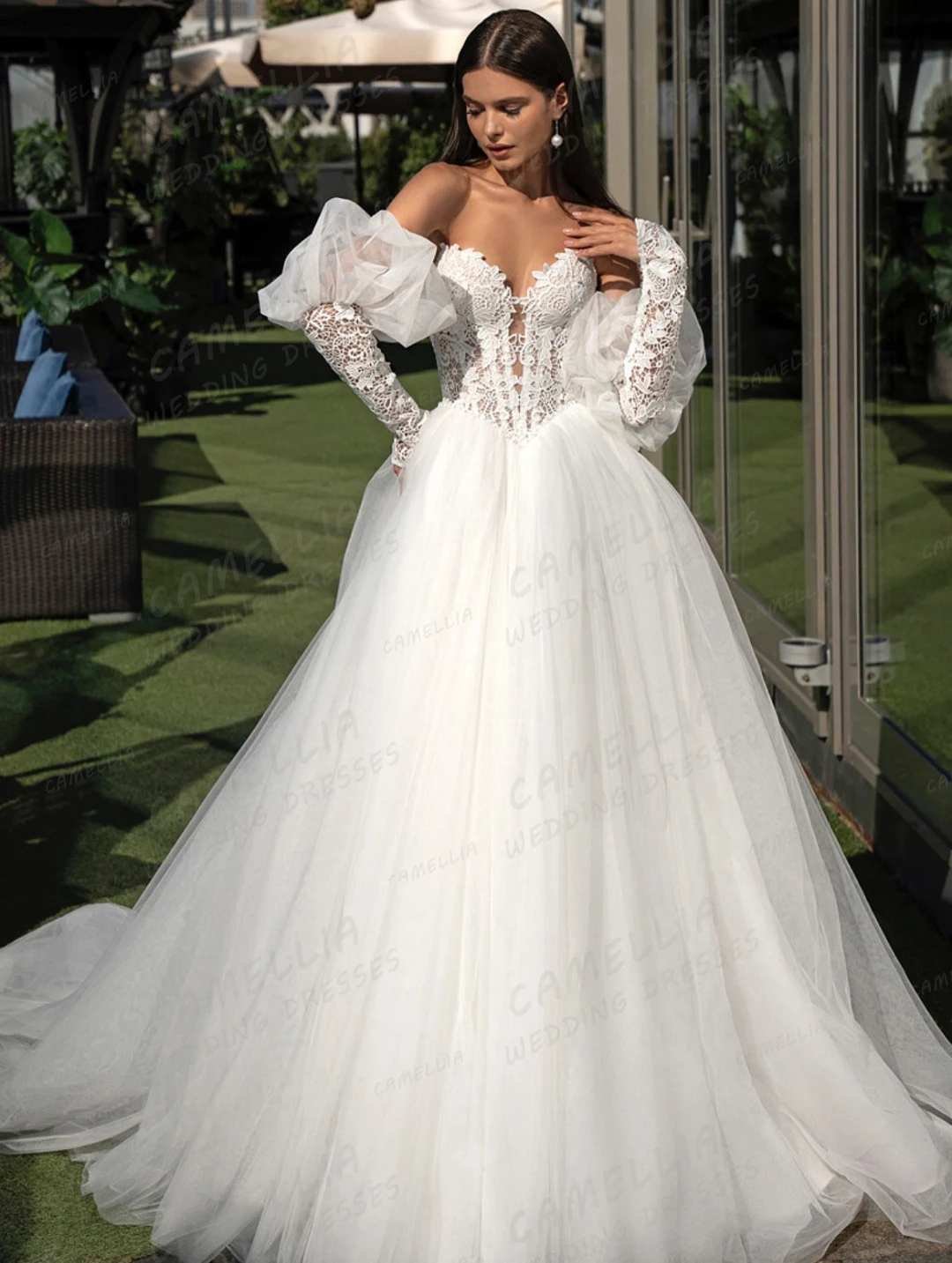 

Кружевные аппликации Свадебные платья A Line Женские свадебные платья в форме сердца с открытыми плечами и длинными рукавами Vestidos De Novia Тюль по индивидуальному заказу