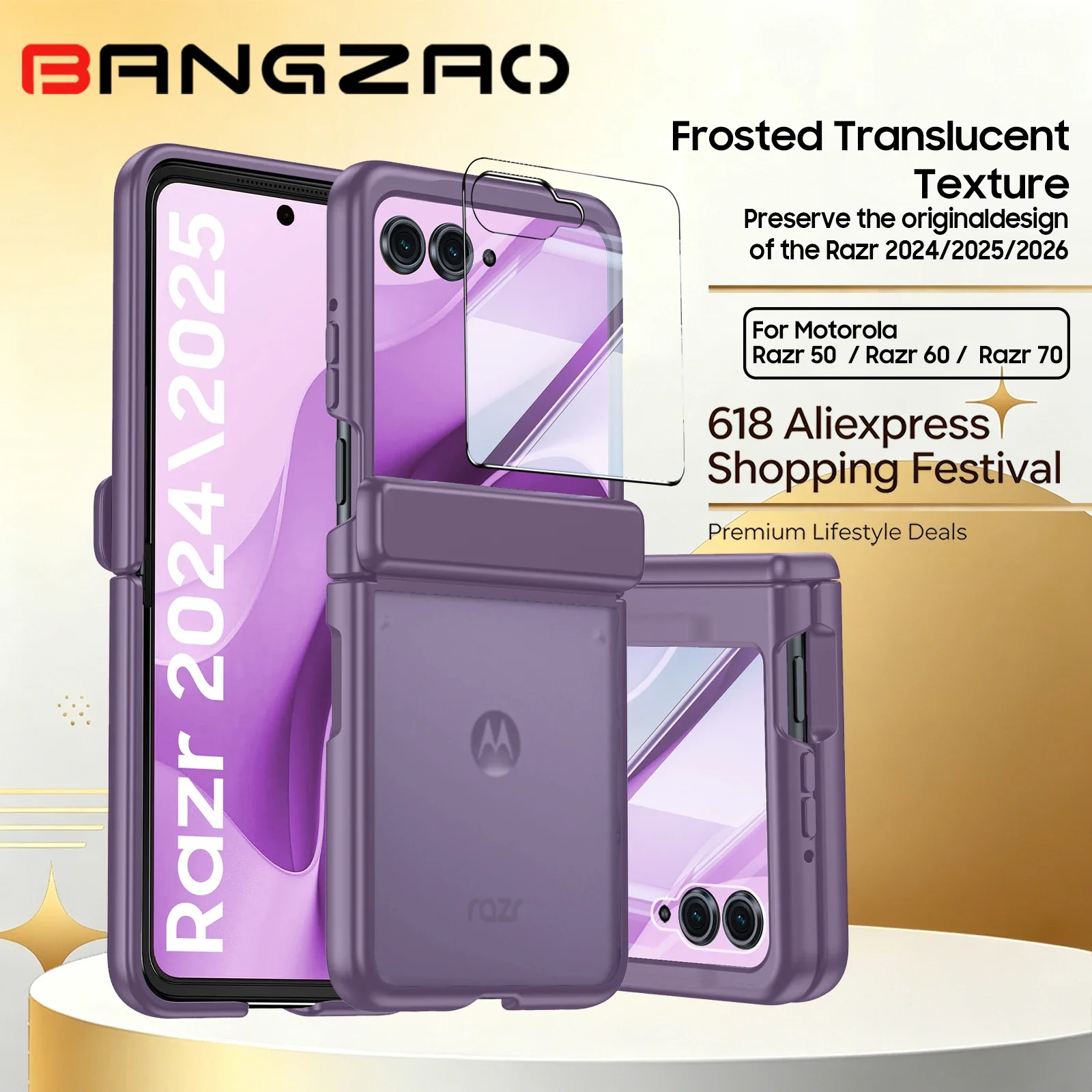 

618 Sale! Moto Razr 50/60/70 Case Military-Grade Drop Protection,3-Layer Shockproof Cover with Hinge & Screen Protector-Purple