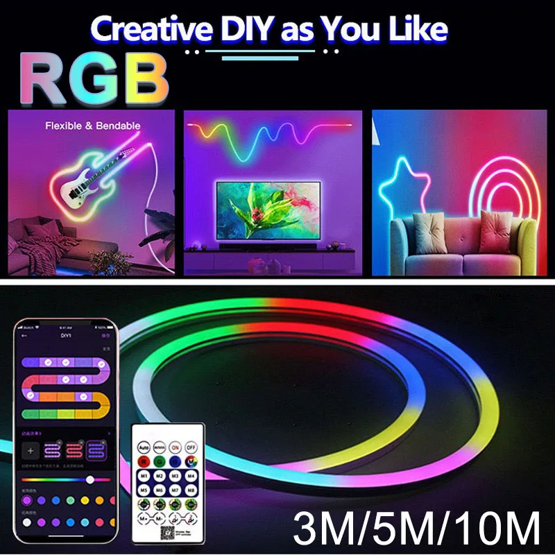 

RGB Neon LED Strip Lights 3M 5M 10M USB Waterproof Intelligence Bluetooth Music Remote Control Flexible Ribbon Tape Neon Lights