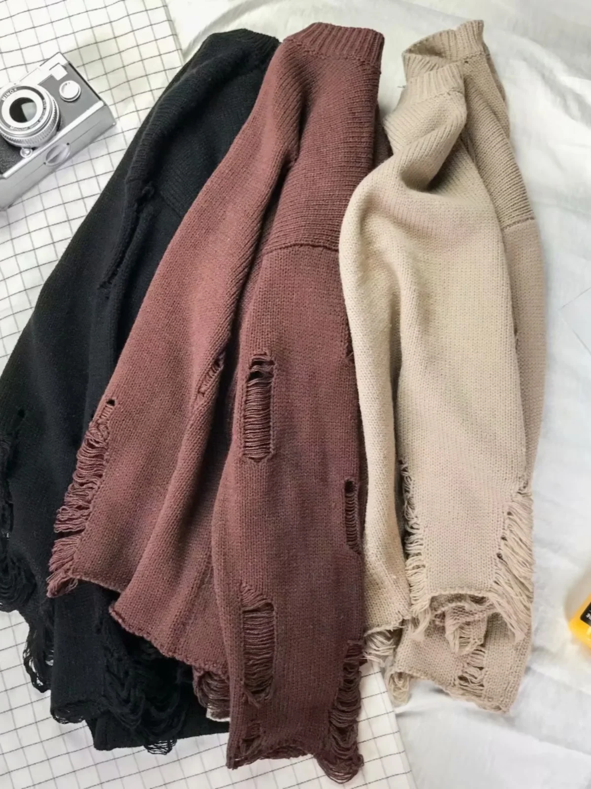 

Oversize Irregular Hole Knitted Sweater ex Hoodie Trendy Versatile Warm Inner Wear Long Sve round Ne Casual Sle