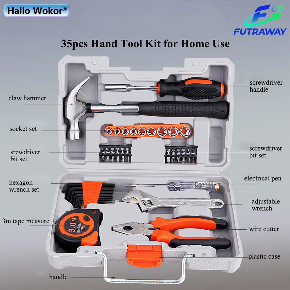 35 pieces Home Auto Repair Tool Kit, Wrench Plastic Toolbox with General Household Hand Tool Set w/ Plastic Toolbox Storage Case