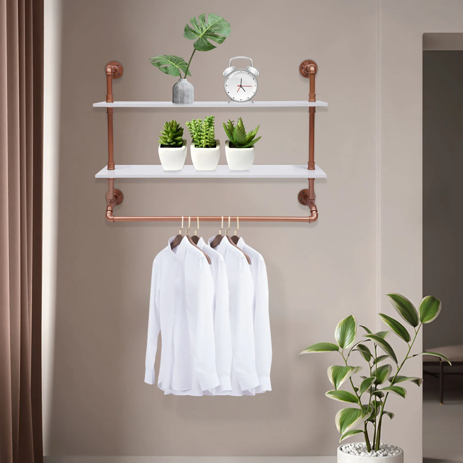 Industrial Pipe Garment Rack with Double Tier shelves, Wall Mounted Clothes Rod for Clothing Storage (Rose Gold&White)