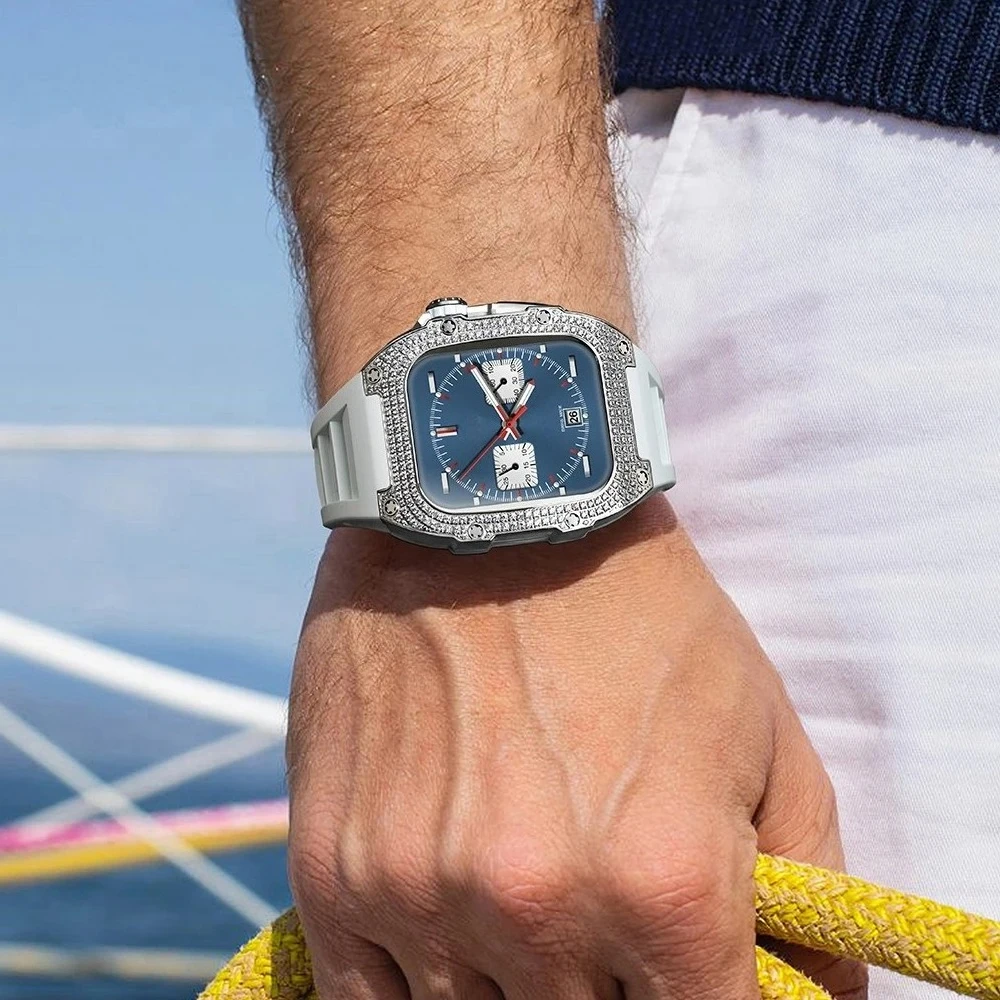 Caixa de aço inoxidável para apple watch mod kit 44/45mm luxo diamante incrustado acessórios tendência da moda aplicar à série 9/8/7/6/5/4