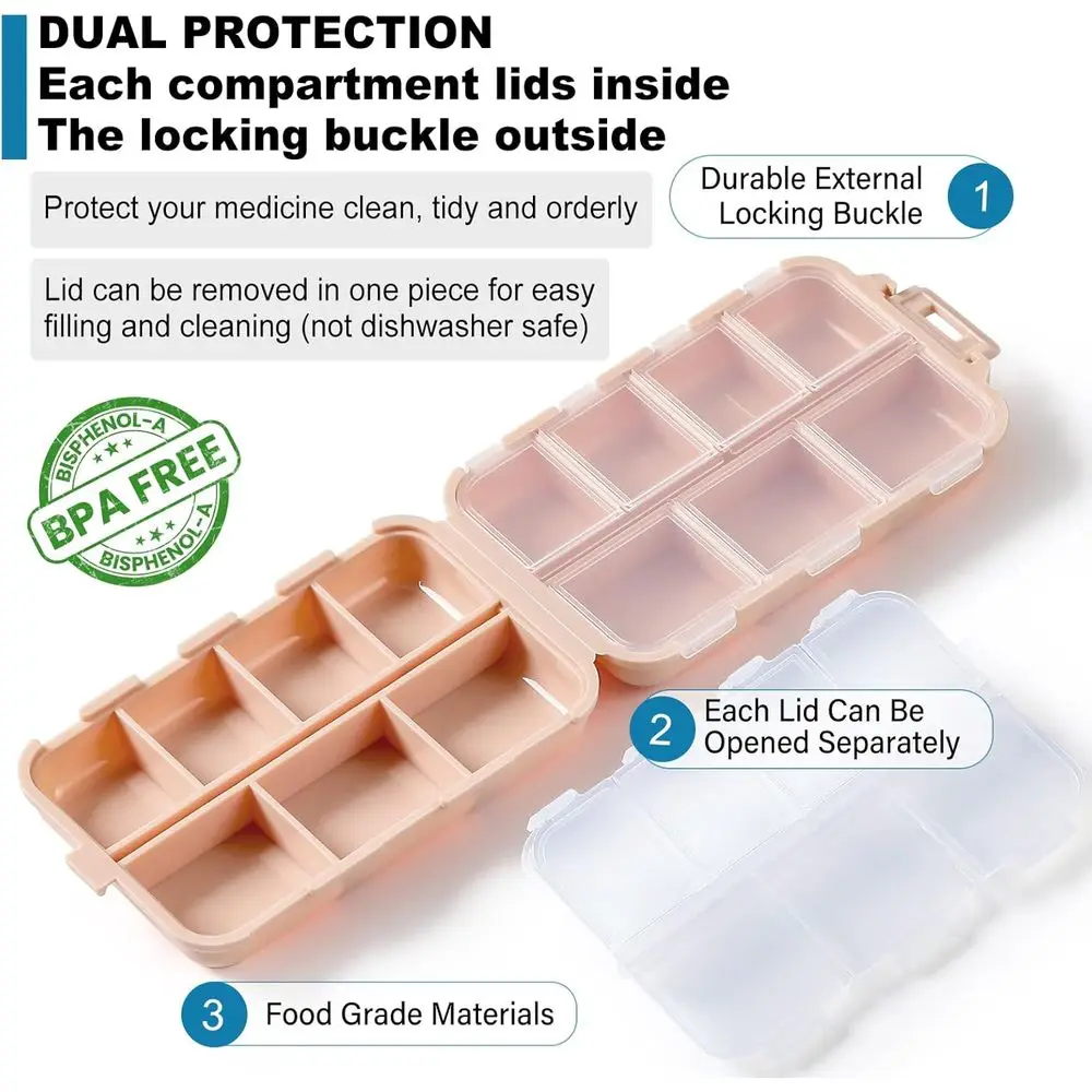 3-Pack Travel Pill Organizer with Daily Medication Holder, Khaki Pink Grey, Vitamin Storage Case view 6