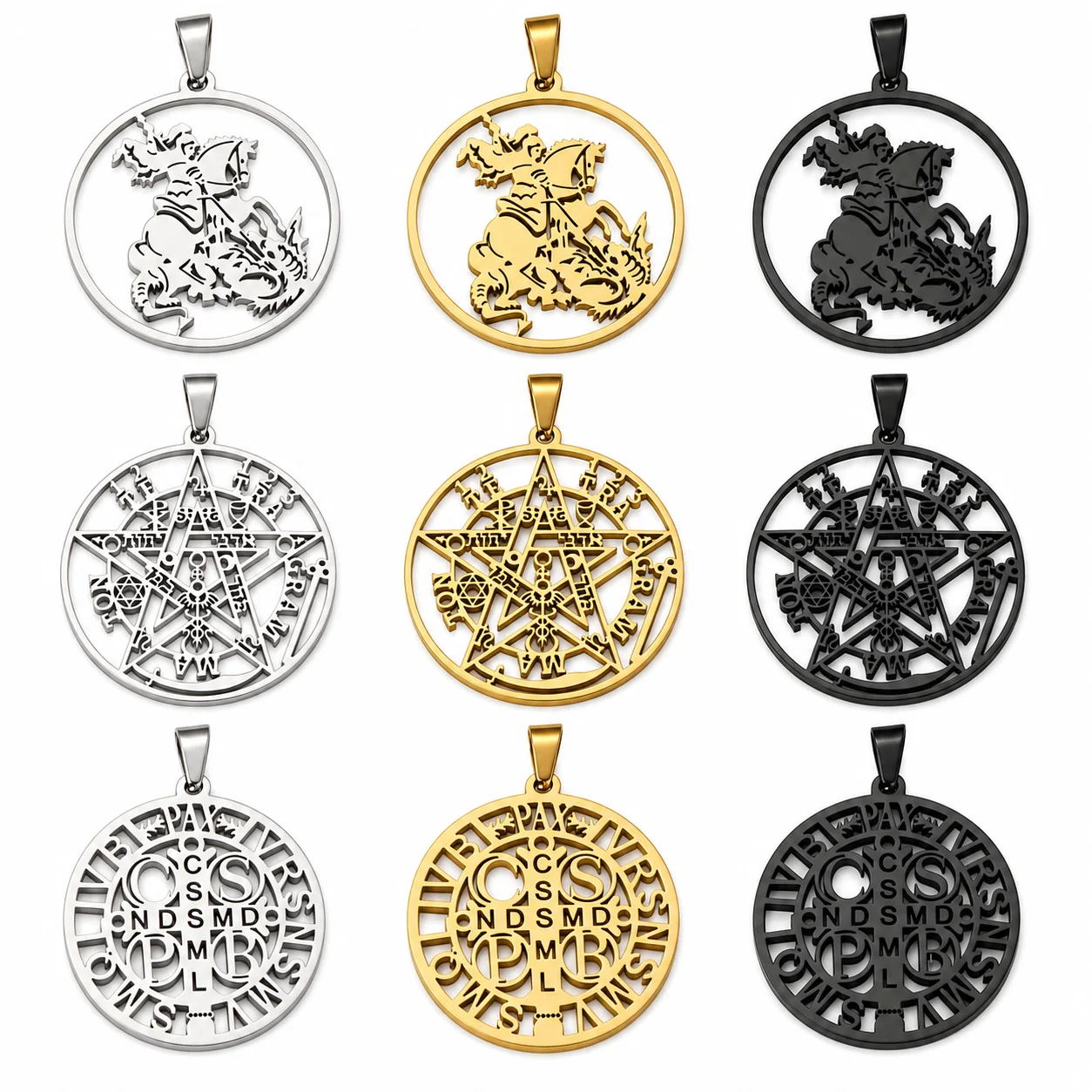 Vintage Saint George/Saint Benedict Cross/Pentagram of Solomon Pendants Stainless Steel Religious Amulet Medal Necklace Pendant