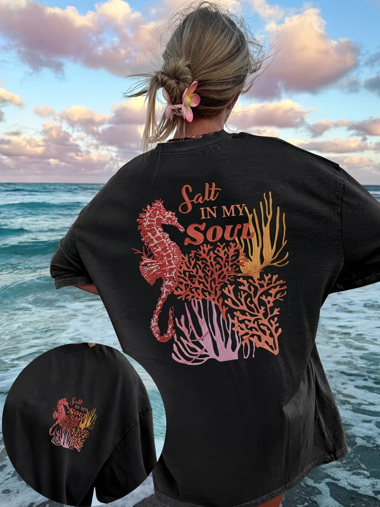 Cute Seahorse Coral Graphic T Shirt Women Salt In My Soul  Tee Summer Beach Vacation Retro Aesthetic Harajuku Streetwear Top