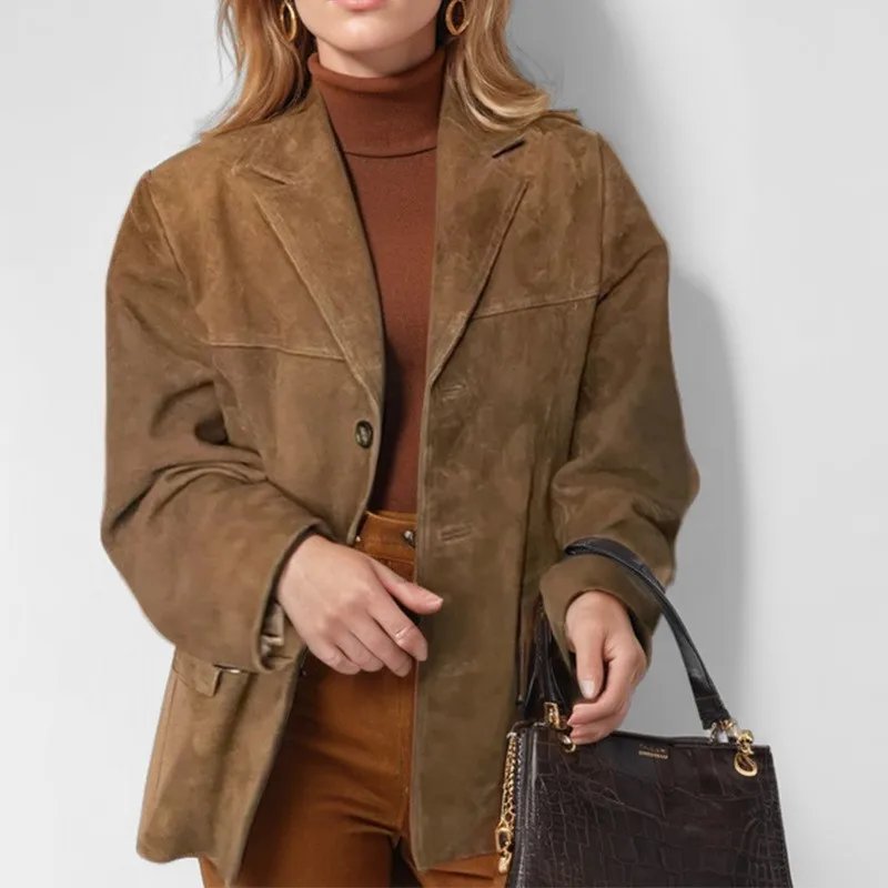 Vintage Women's Suede Leather Jacket Single Breasted Lapel Brown Blazer Loose Coats 2025 Autumn Office Lady Classic Outerwears