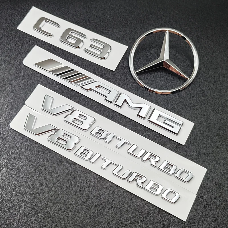 3D ABS Chrome C63 Logo V8 BITURBO Badge Car Rear Star Sticker Trunk AMG Emblem For Mercedes Benz C63 AMG W205 C205 Accessories