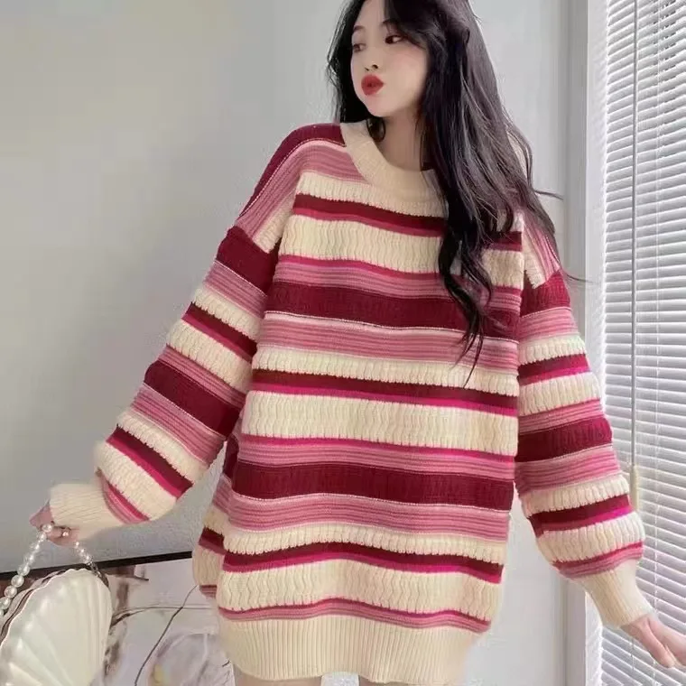 

Korean Oversize Striped Twist Sweater Women Winter Loose Outerwear Lazy Vintage Coat Casual Commute Sle round Ne Sweater