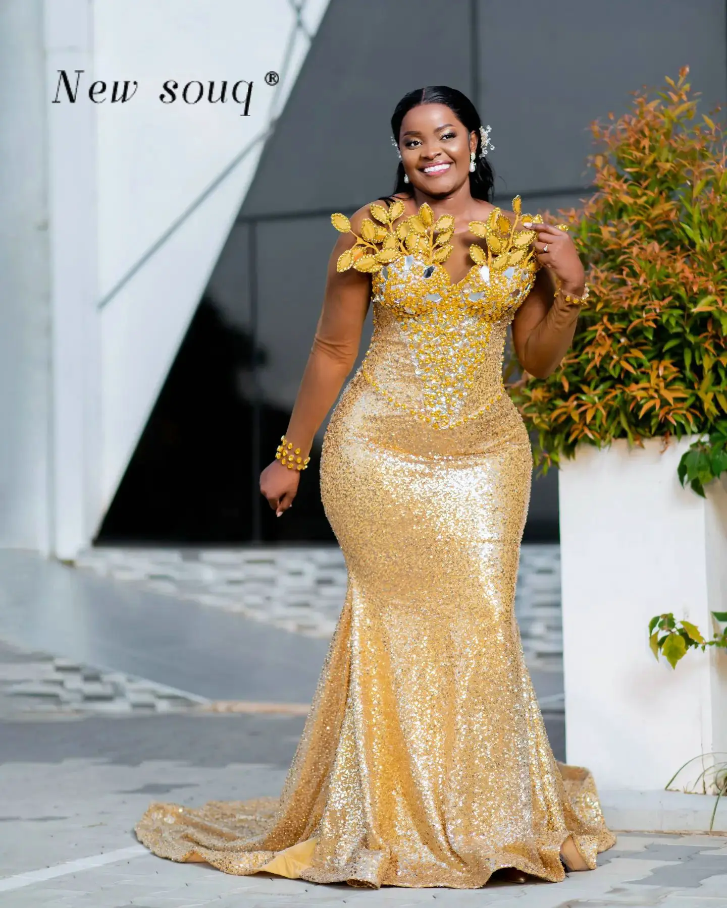 Nigerian Gold Florals Crystals Sequined Prom Dresses Aso Ebi Plus Size Evening Formal Party Second Reception Gowns Customized