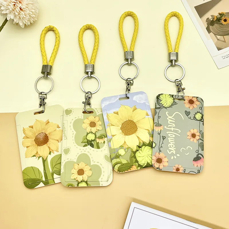 Simple Flowers Women Girl Credit Card ID Bus Card Holder Bags with Lanyard Student Identity Badge Card Cover with Neck Strap Bag