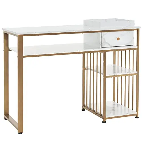Marbling Texture Manicure Table with Drawer & Open Shelves 2408