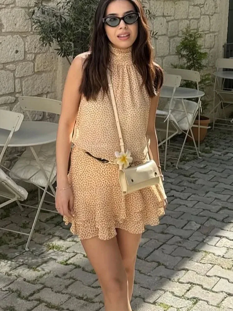 Hh 2025 verão moda feminina estilo praia impresso mini saia elegante em camadas pescoço halter vestido feminino streetwear y2k