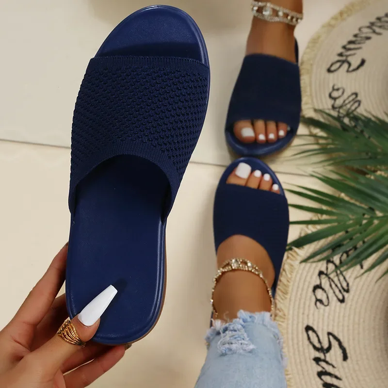 Sandalias de cuña de tela de punto para mujer, sandalias de Punta abierta, antideslizantes, informales, para exteriores, zapatillas de playa con plataforma plana, novedad de verano