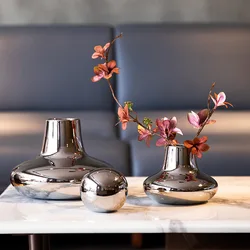 Nordic Light Luxury Ceramic Flowerware Electroplating Silver Vase Living Room Modern Dining Table Floral Club Artwork Decoration