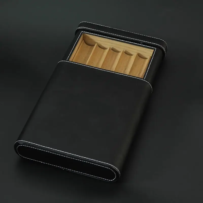 Simple And Portable Genuine Leather 5-Pack Cigar Case, Cedar Wood Moisturizing Exquisite Cigar Case.
