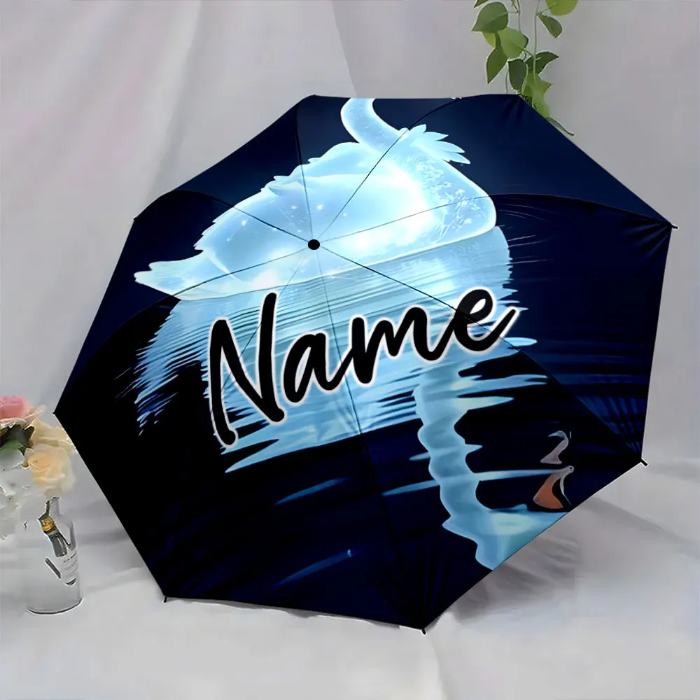 Custom Name Elegant Swan Design on Black Umbrella Print 8 Iron Ribs Folding Umbrella, Auto-Open Fashion Sunshade