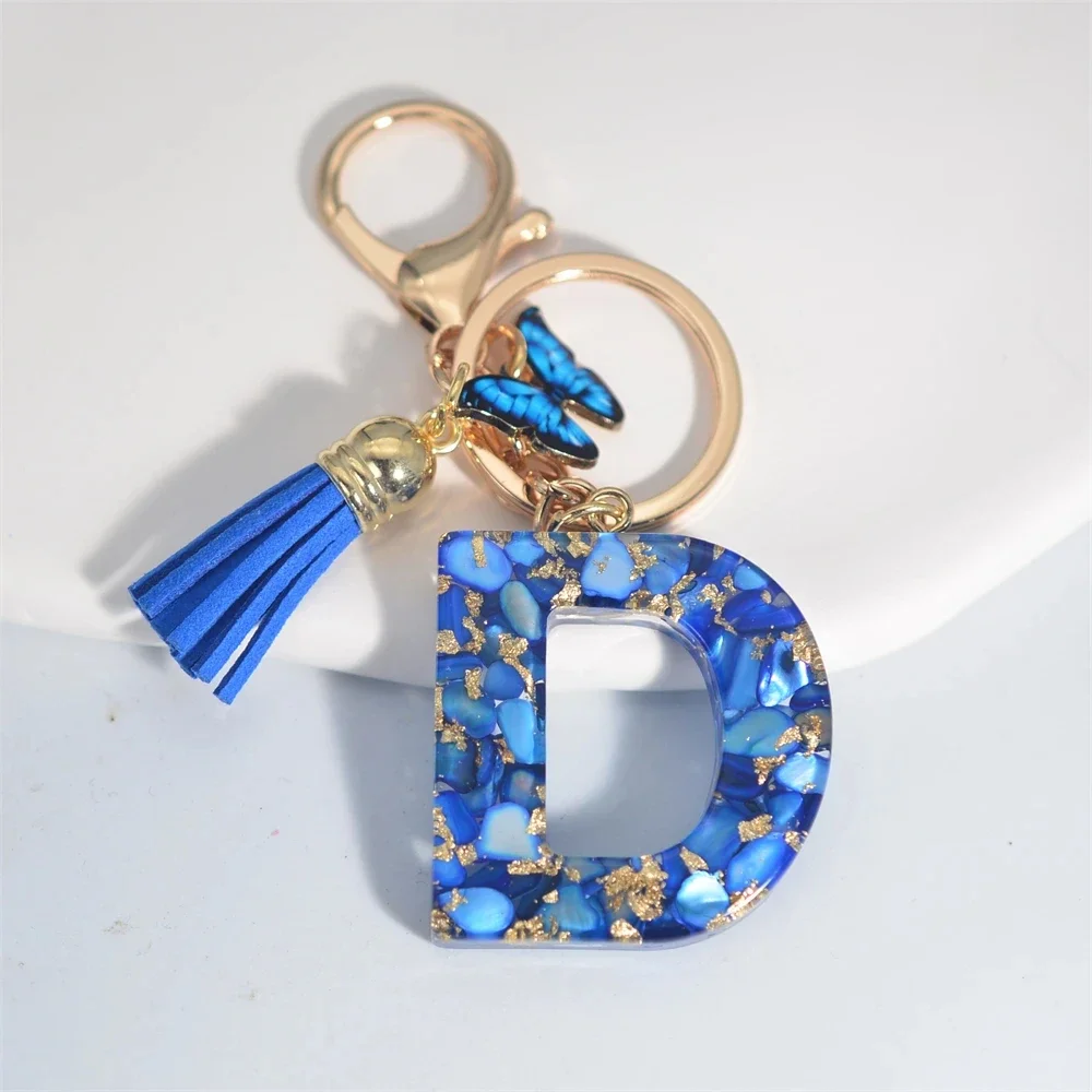 Modischer blauer glasierter Stein, A bis Z, Buchstaben-Schlüsselanhänger, 26 Initialen, Alphabet, Schmetterling, Quaste, Anhänger, Auto-Schlüsselanhänger, Damenschmuck, Geschenke