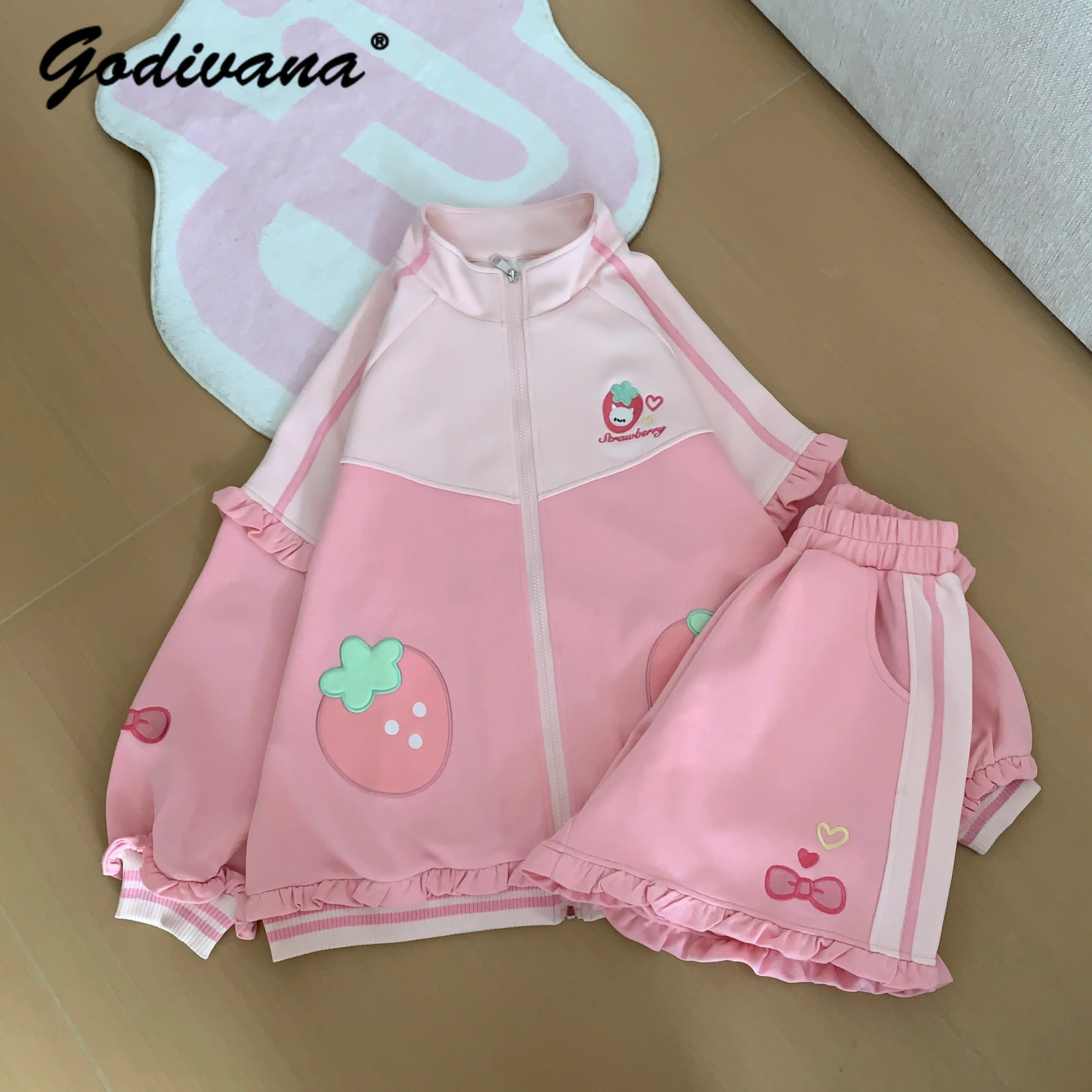 

Japanese Students Cute Strawberry Embroidery Ruffle Edge Long-sleeved Zipper Jacket Coat Shorts Set New Spring Women's Outfits