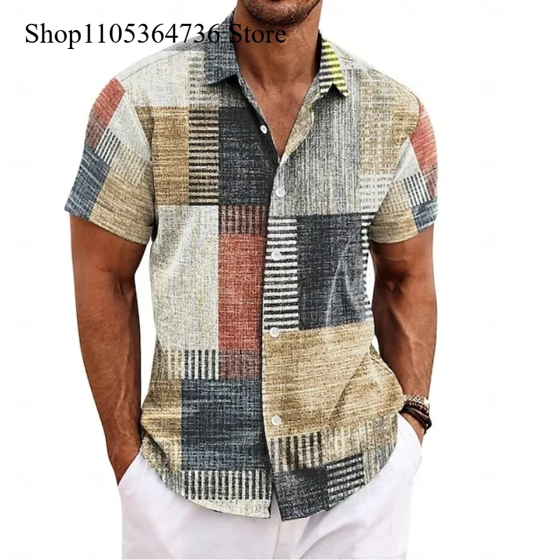 

Men's Summer Shirt Vintage Patchwork Printed Button Lapel Short Sleeve Shirt Tropical Vacation T Shirt Fashion Soft Men Clothing