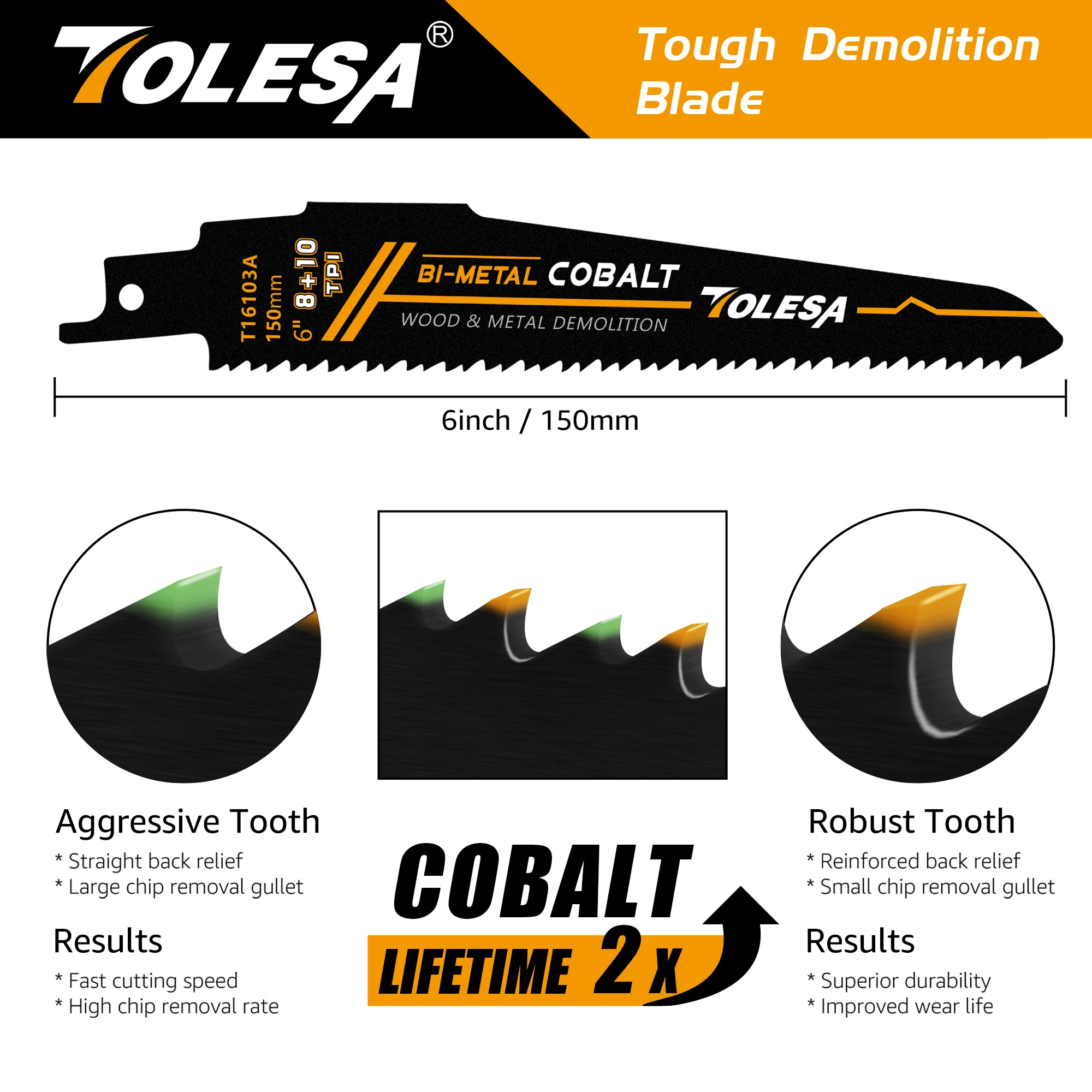 TOLESA 5 pièces lames de scie alternative de 6 pouces, lames de scie 8 + 10TPI, lames de scie alternative de démolition du métal et du bois, pour la coupe