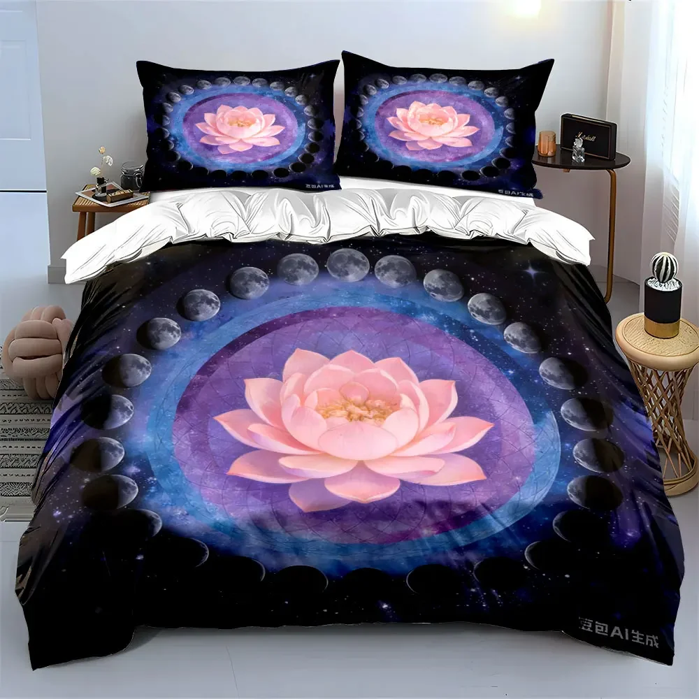 Moon Phases Lotus Meditation Decor 3PC,Multiple sizes kid's and adults' bedroom Exquisite 3PC bedding set, gift