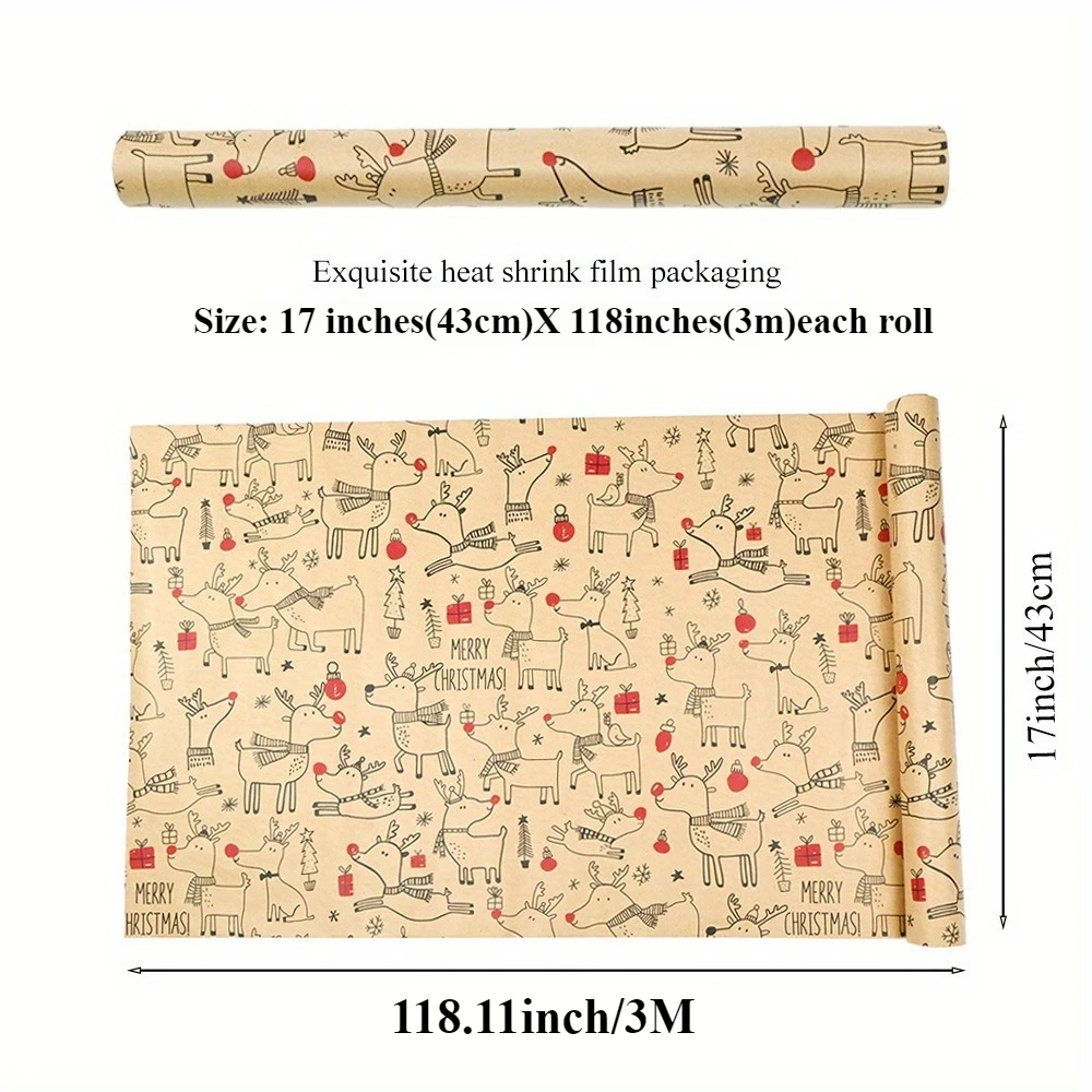1 لفة عيد الميلاد ورق التغليف لطيف الغزلان تصميم البيج الأحمر 43.18 سنتيمتر x 3 متر هدية التفاف لقضاء عطلة عيد ميلاد هدايا ديكور الحفلات