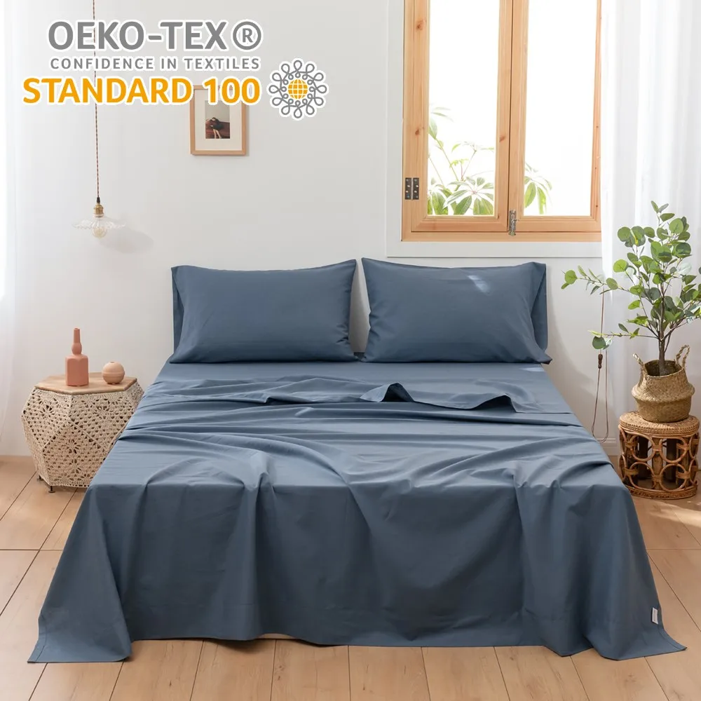 Simple&Opulence  3/4Pcs Solid Color Belgian Linen Cotton  Blended Bedding Set Bed Sheet Set Fitted Sheets